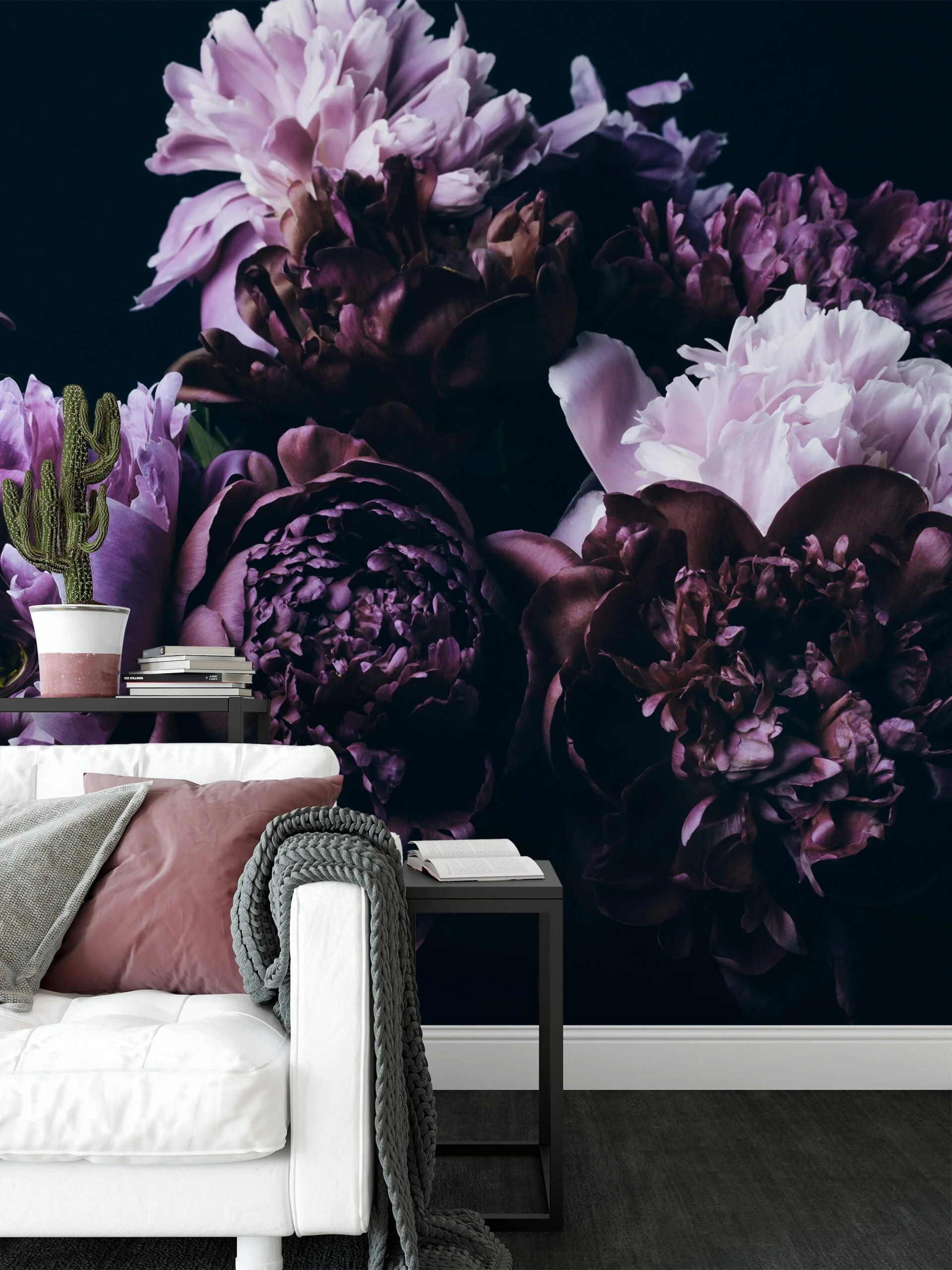 Elegant Large Violet Peonies on Black Background Wallpaper, Removable Self Adhesive Peel and Stick Wall Mural, Sophisticated Floral Print for a Modern Look