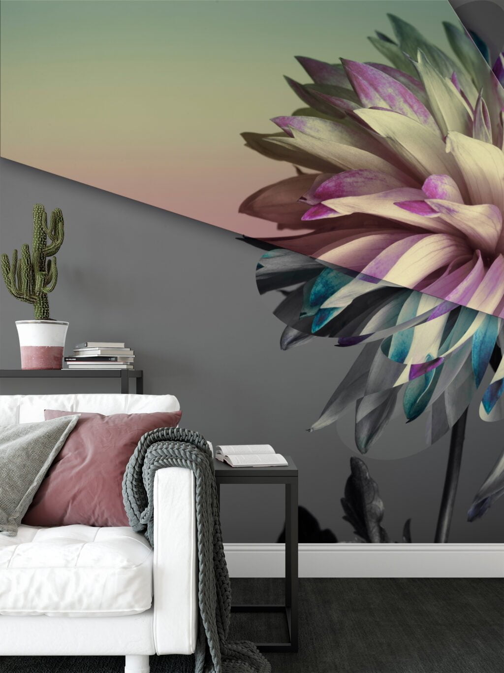 Sophisticated Abstract Flower Wallpaper on Grey Background, Modern Self Adhesive Wall Mural for Bedrooms