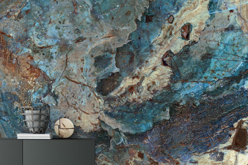 Stone Marble Texture Removable Wallpaper with Turquoise and Brown - Easy to Install Peel & Stick Mural