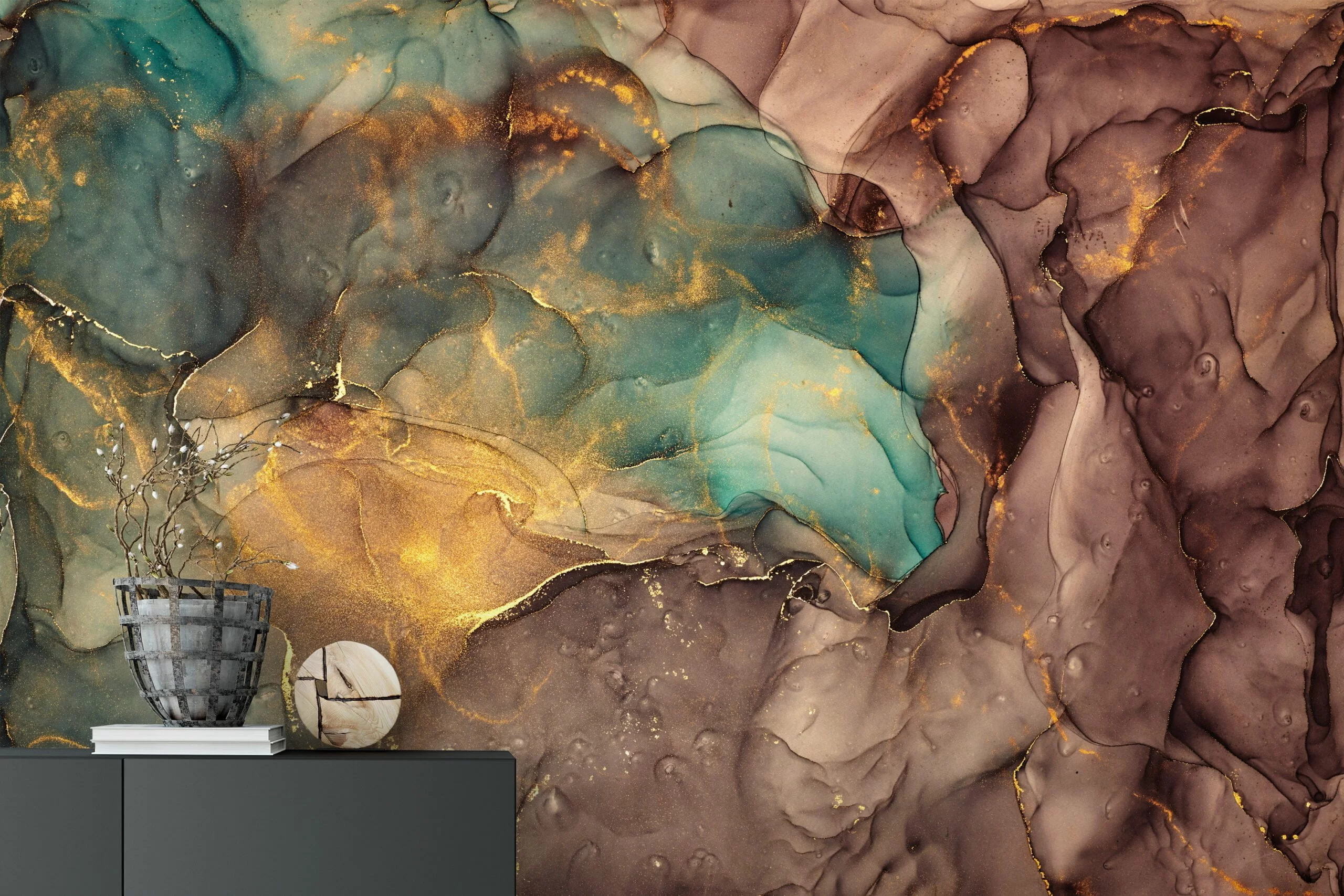 Elegant Green and Chocolate Brown Ink Abstract Wallpaper for a Luxurious Home Decor