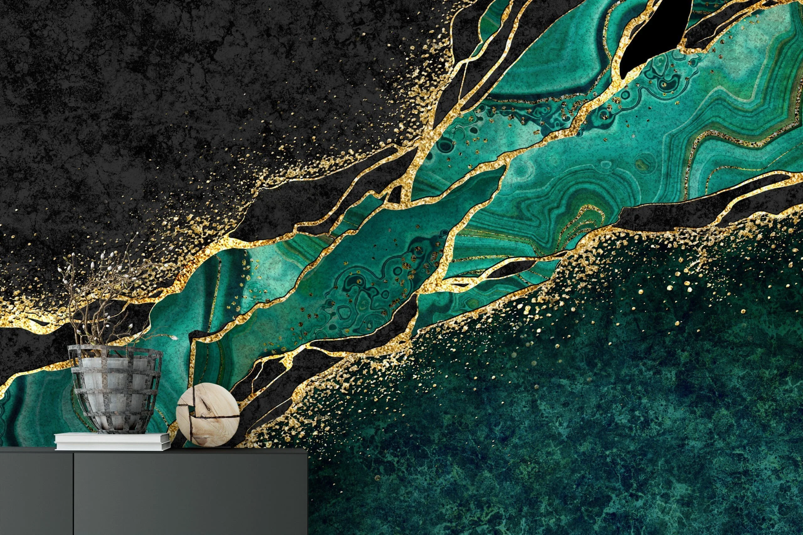 Opulent Emerald Green and Gold Marble Textured Wallpaper for a Glamorous Interior