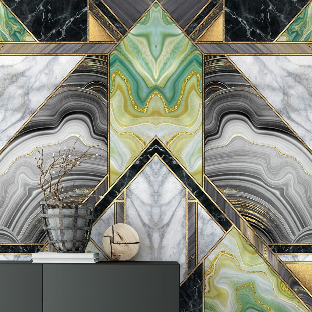 Contemporary Green and Gold Marble Mural Wallpaper - Easy to Install and Suitable for Any Room in Your Home or Office.