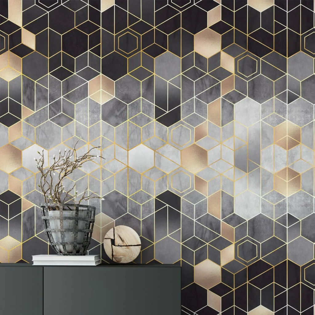 Geometric Black and Gold Hexagon Wallpaper - A Sophisticated Addition to Your Living Room, Bedroom, Bathroom, and Office Walls