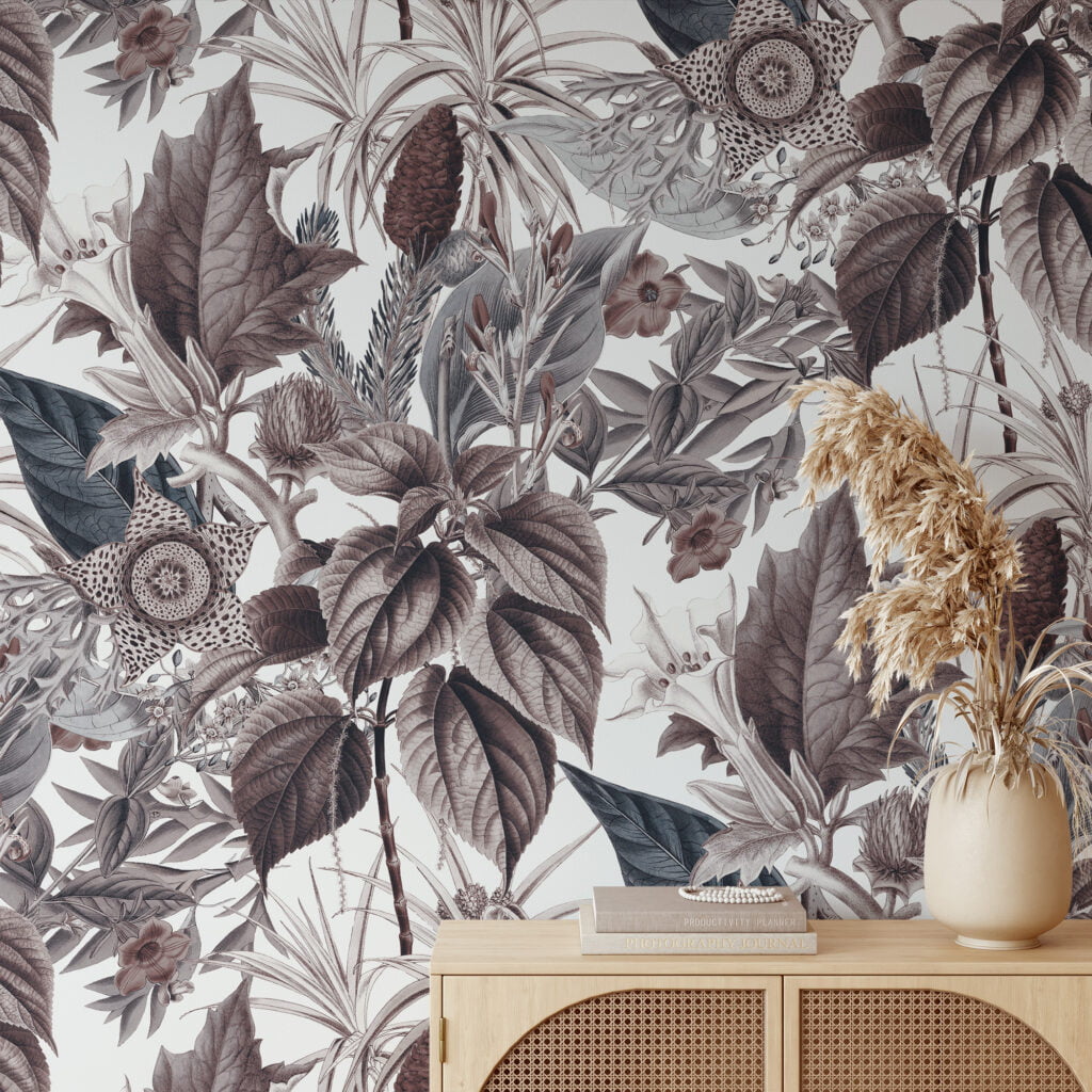 Traditional Plant Illustration Vintage Style Flowers and Leaves on White Background Wallpaper, Peel and Stick Self Adhesive Removable Wall Mural, Old-Fashioned Garden Imagery