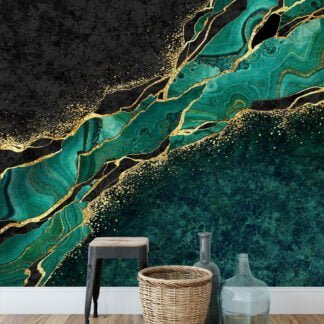 Opulent Emerald Green and Gold Marble Textured Wallpaper for a Glamorous Interior