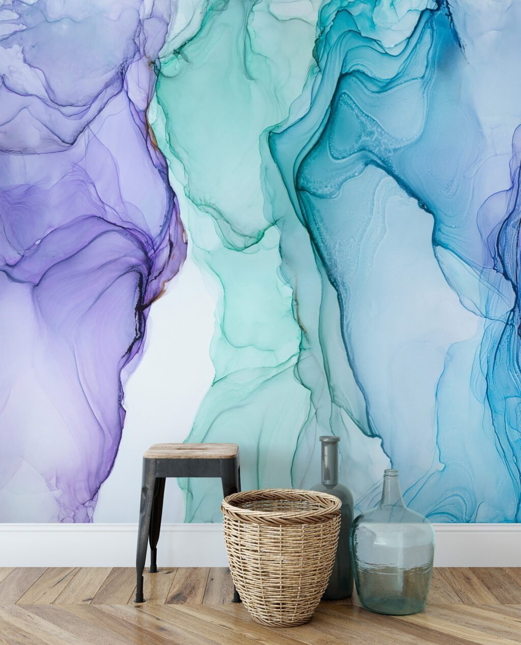 Mesmerizing Purple, Blue and Green Ink in Water Wallpaper for a Serene and Calming Ambiance