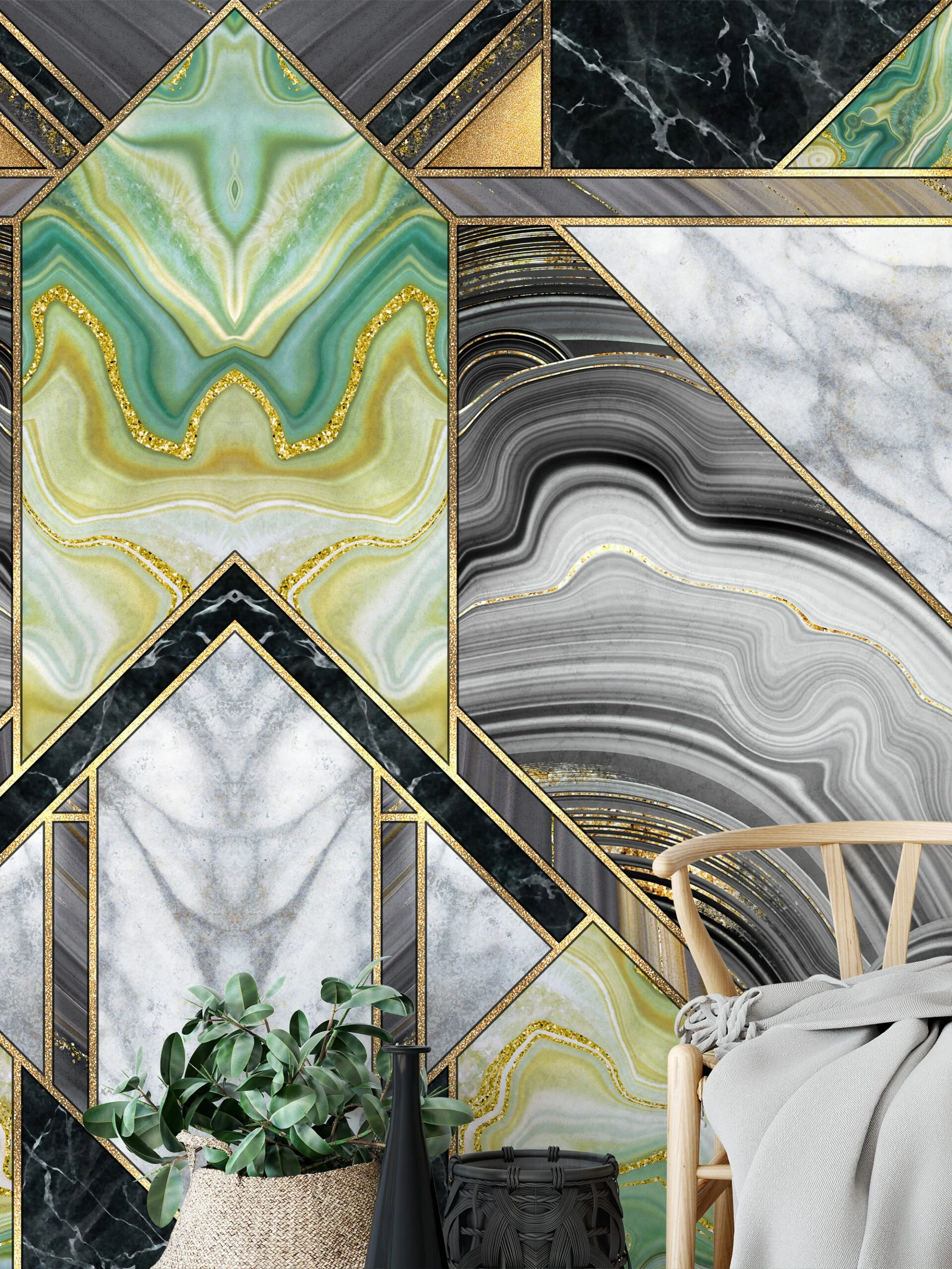 Contemporary Green and Gold Marble Mural Wallpaper - Easy to Install and Suitable for Any Room in Your Home or Office.
