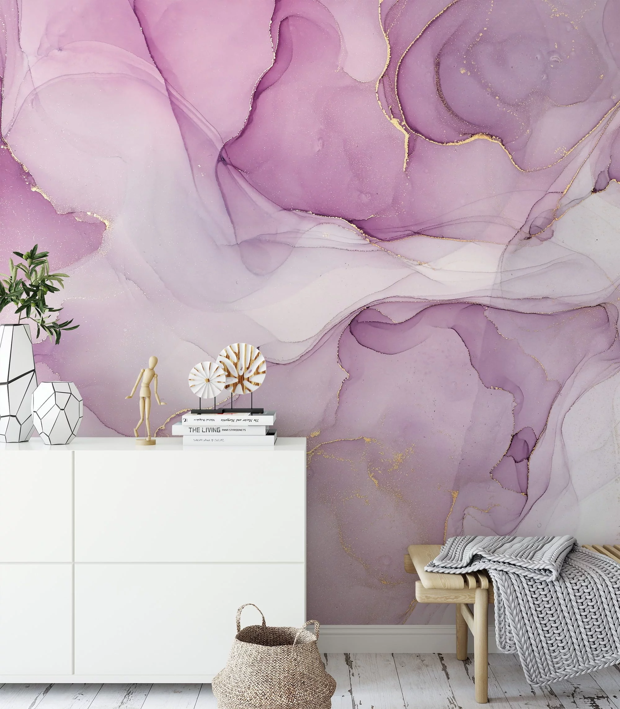 Marble Texture Wallpaper with Pink, Purple and Gold Veins - Self-Adhesive Peel & Stick Removable Wallpaper for Luxe Interiors