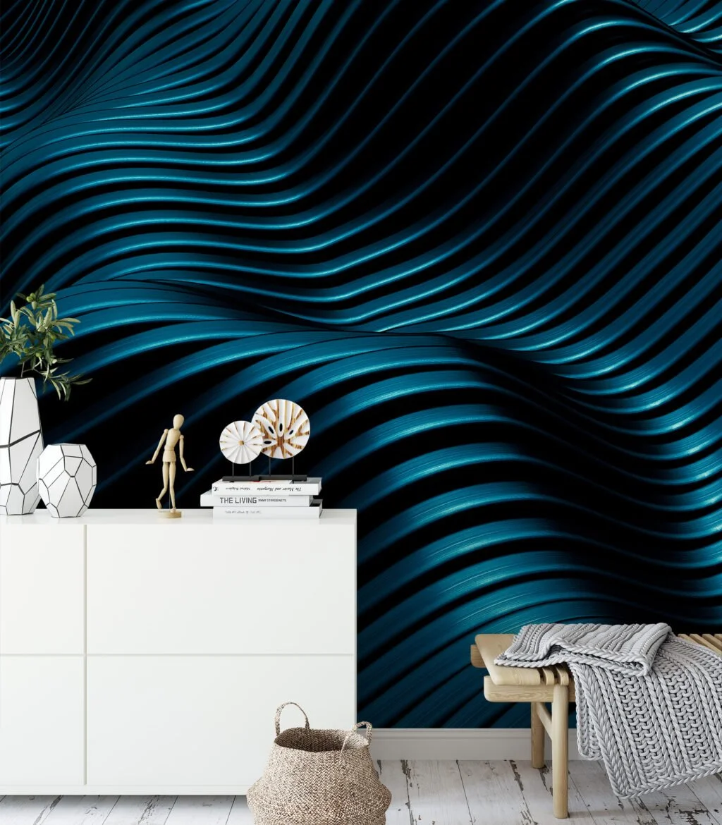 Self-Adhesive Dark Turquoise Waves Wallpaper, Customizable Mural for Any Space, Removable