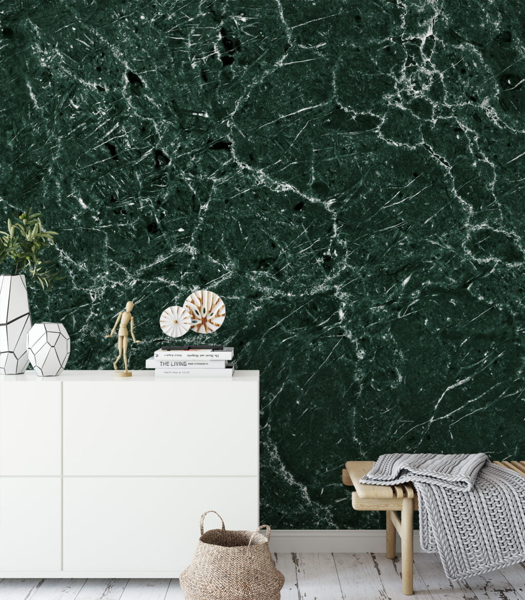 Elevate Your Space with Dark Green Stone Marble Texture Wallpaper, a Removable Wall Mural That Captures the Essence of Luxury and Sophistication