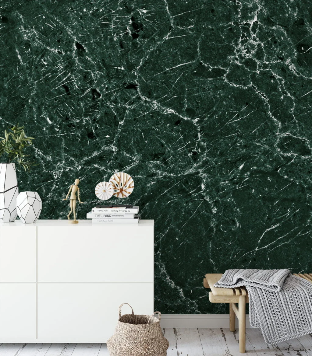 Elevate Your Space with Dark Green Stone Marble Texture Wallpaper, a Removable Wall Mural That Captures the Essence of Luxury and Sophistication