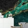 Opulent Emerald Green and Gold Marble Textured Wallpaper for a Glamorous Interior