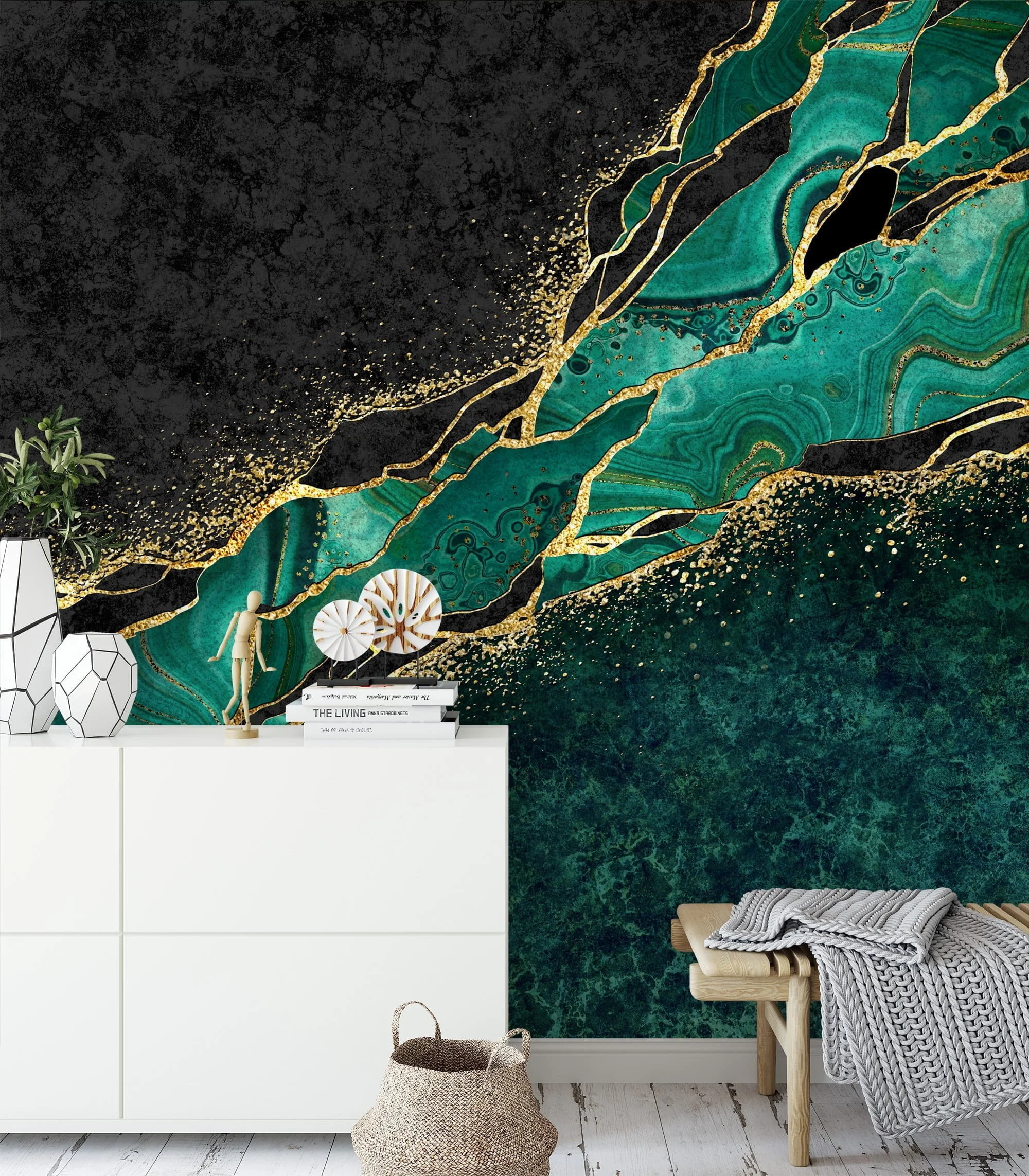 Opulent Emerald Green and Gold Marble Textured Wallpaper for a Glamorous Interior