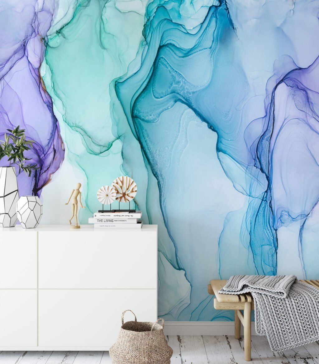 Mesmerizing Purple, Blue and Green Ink in Water Wallpaper for a Serene and Calming Ambiance