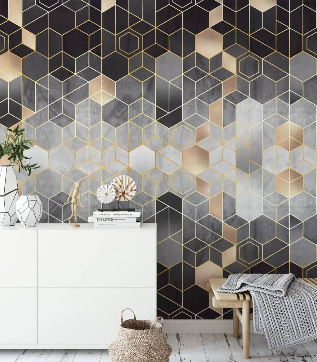 Geometric Black and Gold Hexagon Wallpaper - A Sophisticated Addition to Your Living Room, Bedroom, Bathroom, and Office Walls