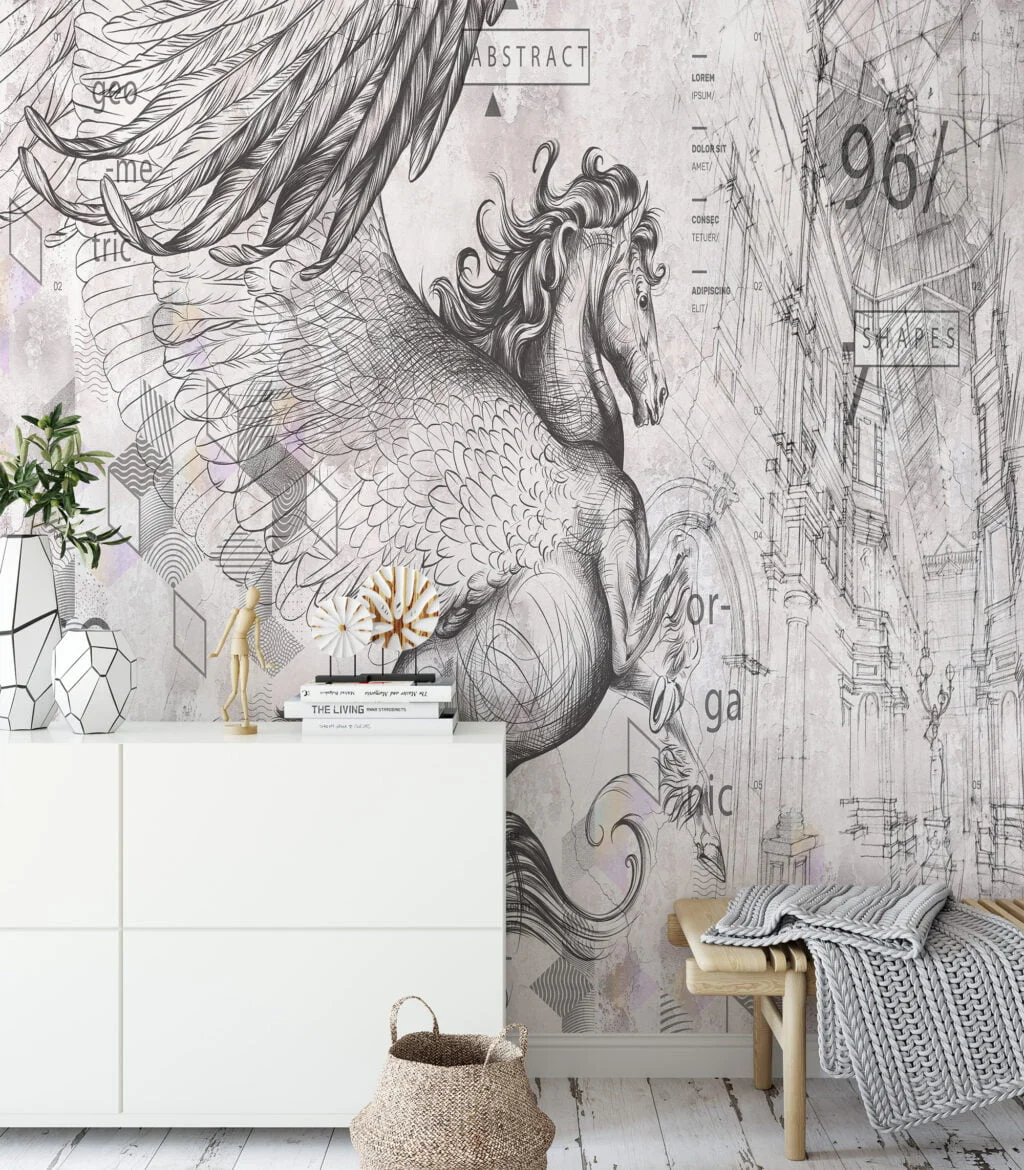 Abstract and Geometric Pegasus Wallpaper, Peel and Stick Temporary Self Adhesive Wall Mural, Modern Abstract Artistic Design