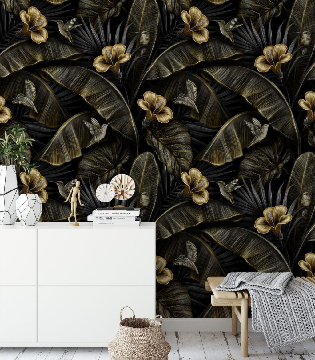 Golden Blooms and Dark Leaves Wallpaper, Botanical Self Adhesive Wall Mural with a Bold and Dramatic Look
