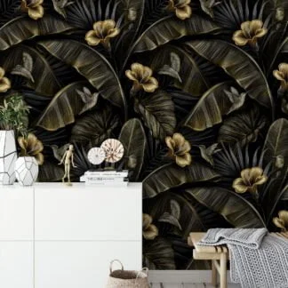 Golden Blooms and Dark Leaves Wallpaper, Botanical Self Adhesive Wall Mural with a Bold and Dramatic Look
