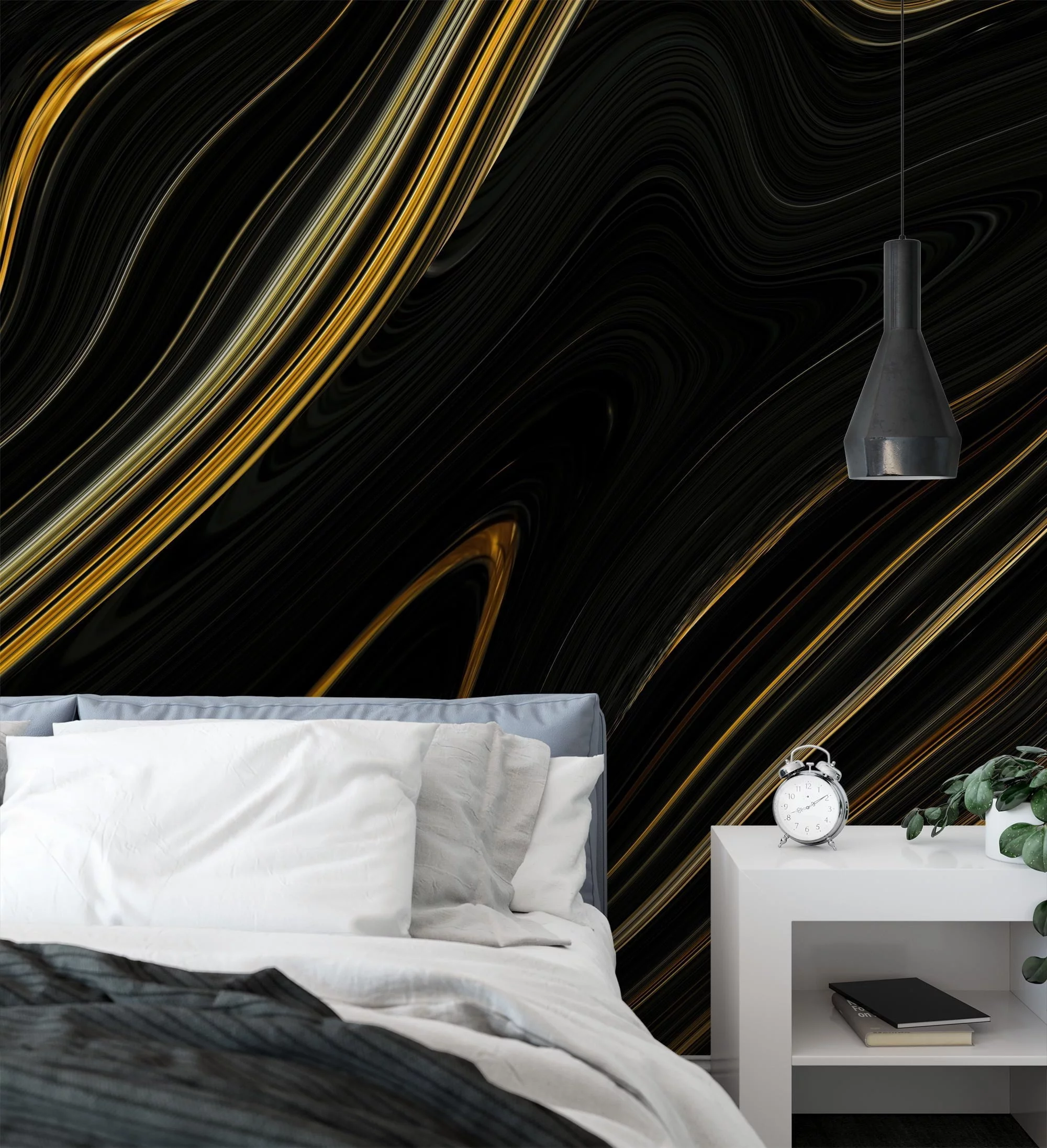 Contemporary Black and Gold Fluid Abstract Wallpaper for a Modern and Stylish Look