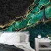 Opulent Emerald Green and Gold Marble Textured Wallpaper for a Glamorous Interior