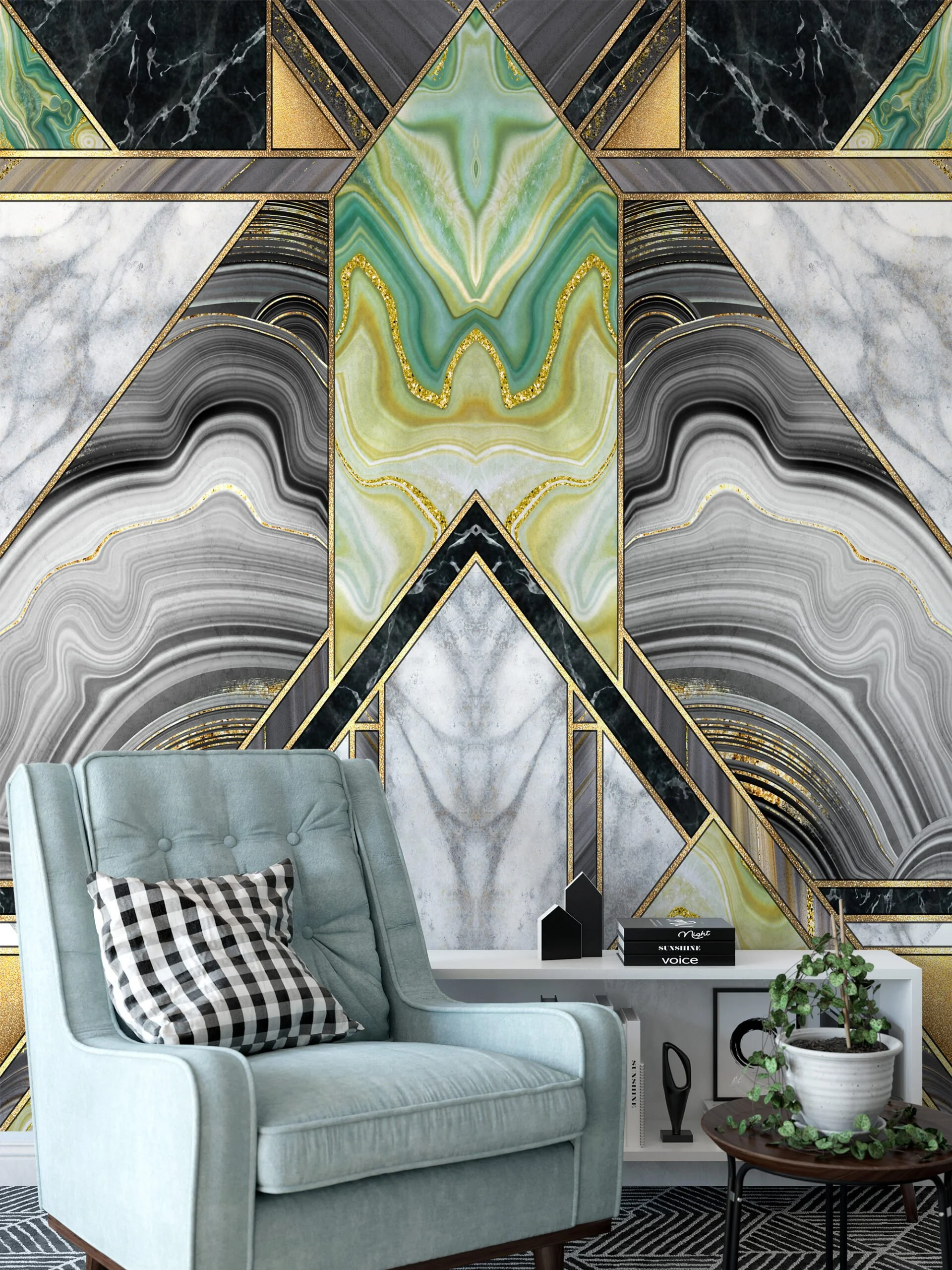 Contemporary Green and Gold Marble Mural Wallpaper - Easy to Install and Suitable for Any Room in Your Home or Office.