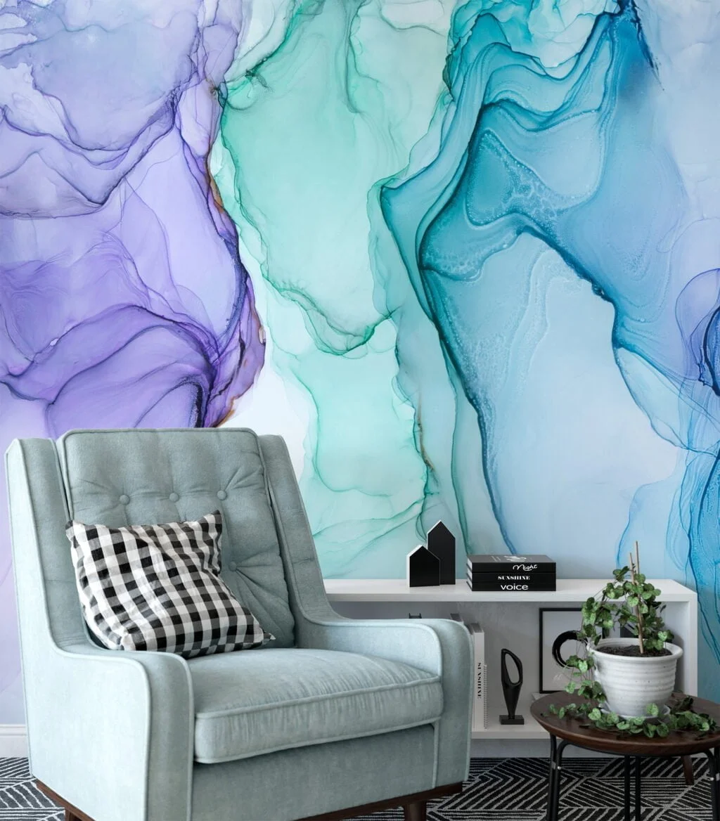 Mesmerizing Purple, Blue and Green Ink in Water Wallpaper for a Serene and Calming Ambiance