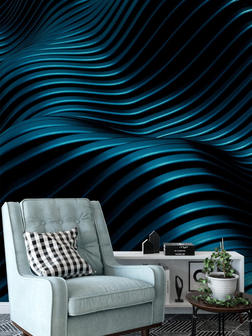 Self-Adhesive Dark Turquoise Waves Wallpaper, Customizable Mural for Any Space, Removable