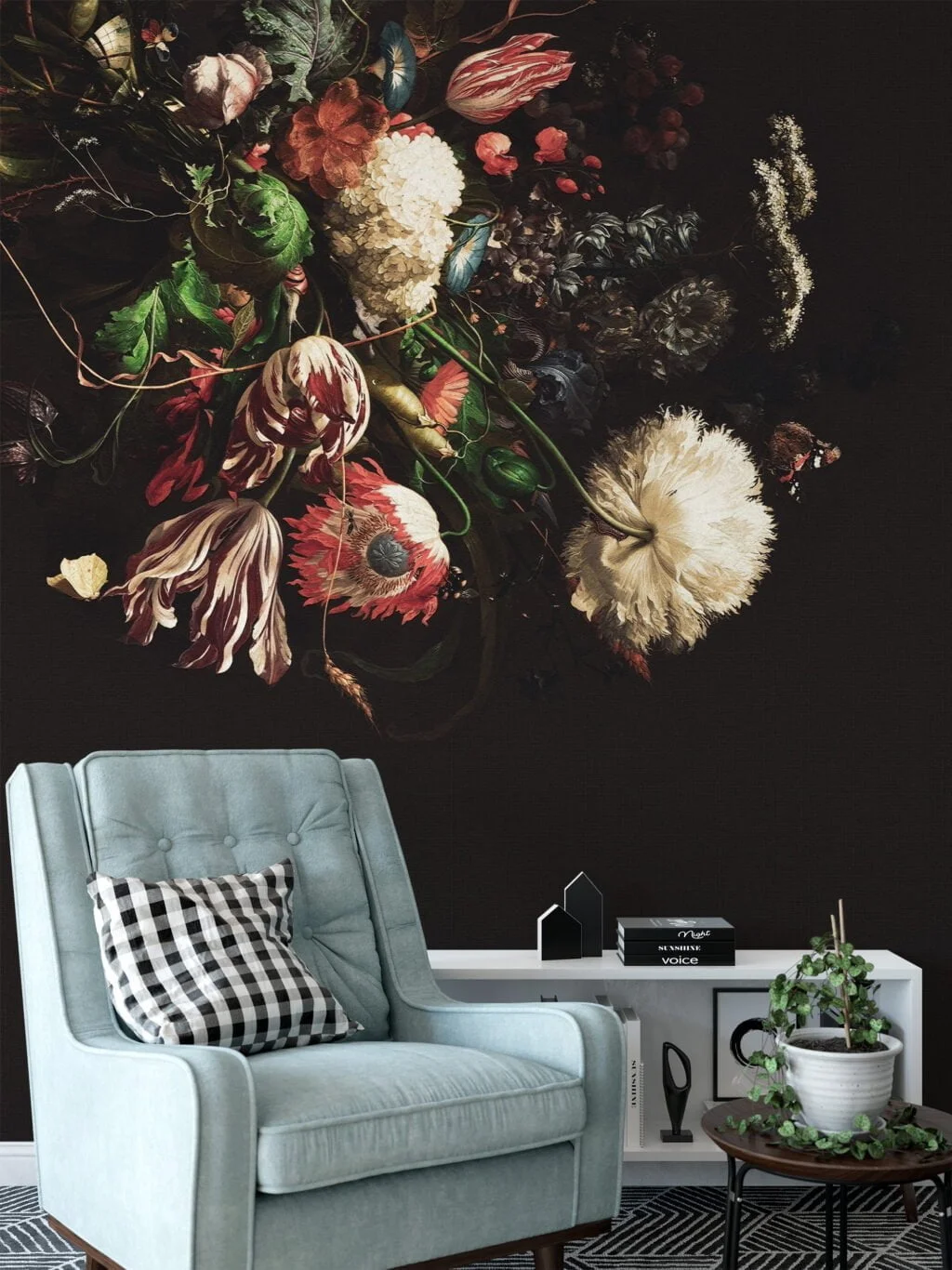 Elegant Vintage Bouquet on Dark Background Wallpaper, Peel and Stick Self Adhesive Removable Wall Mural, Retro Floral Pattern