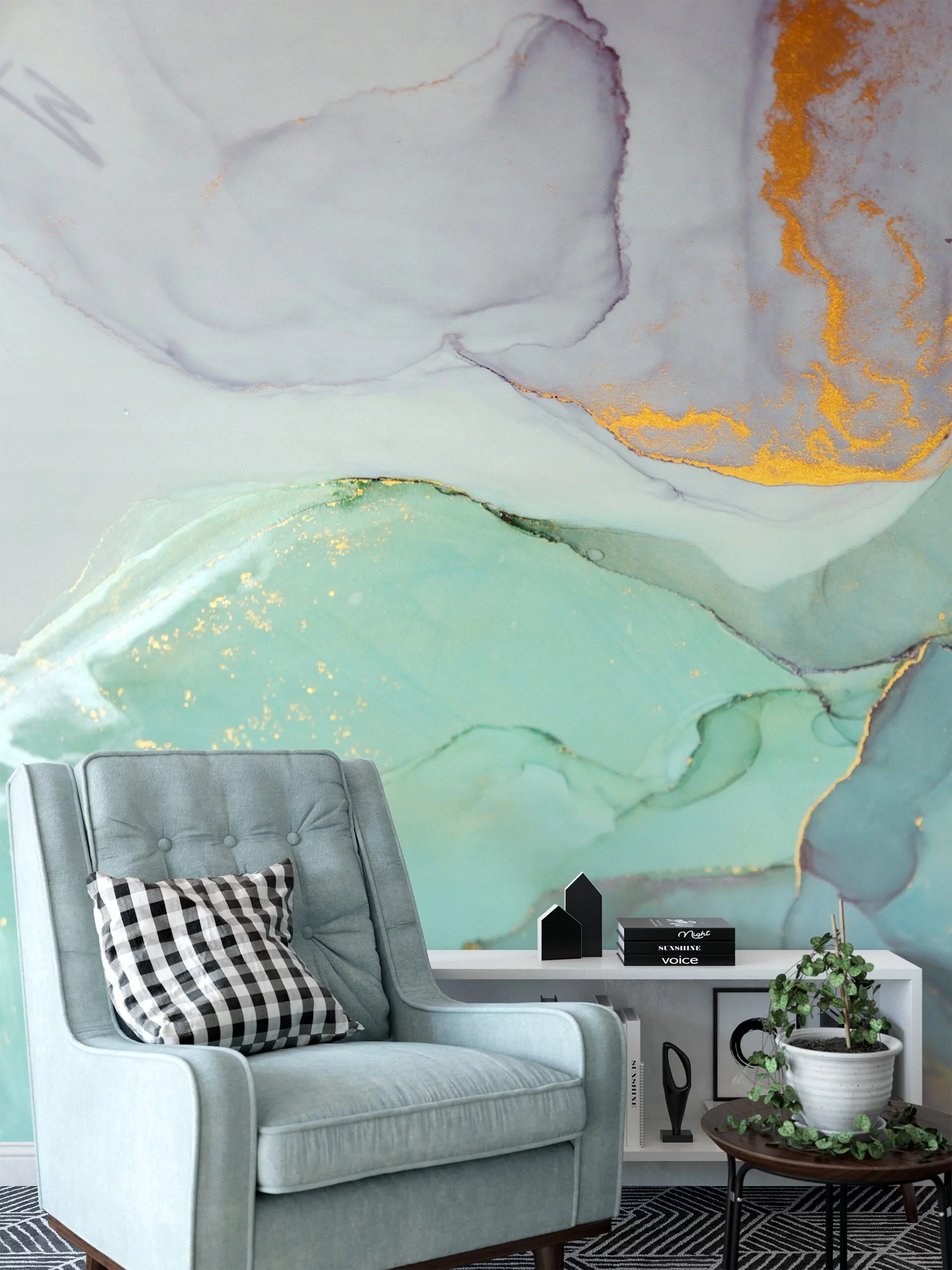 Mint Green and Gold Marble Wallpaper - Elegant Texture Wall Covering for Modern Decor