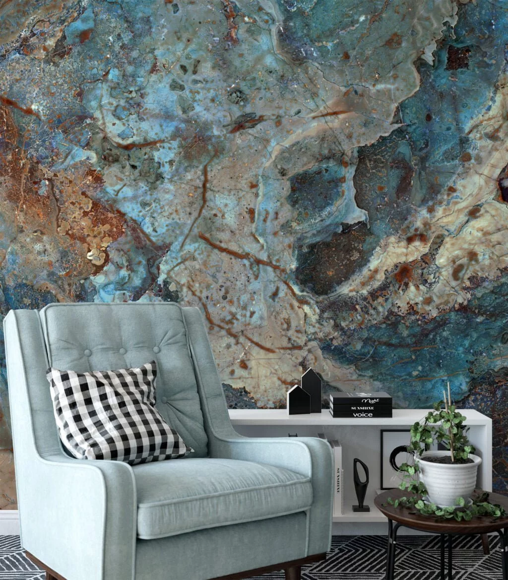 Stone Marble Texture Removable Wallpaper with Turquoise and Brown - Easy to Install Peel & Stick Mural