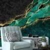 Opulent Emerald Green and Gold Marble Textured Wallpaper for a Glamorous Interior