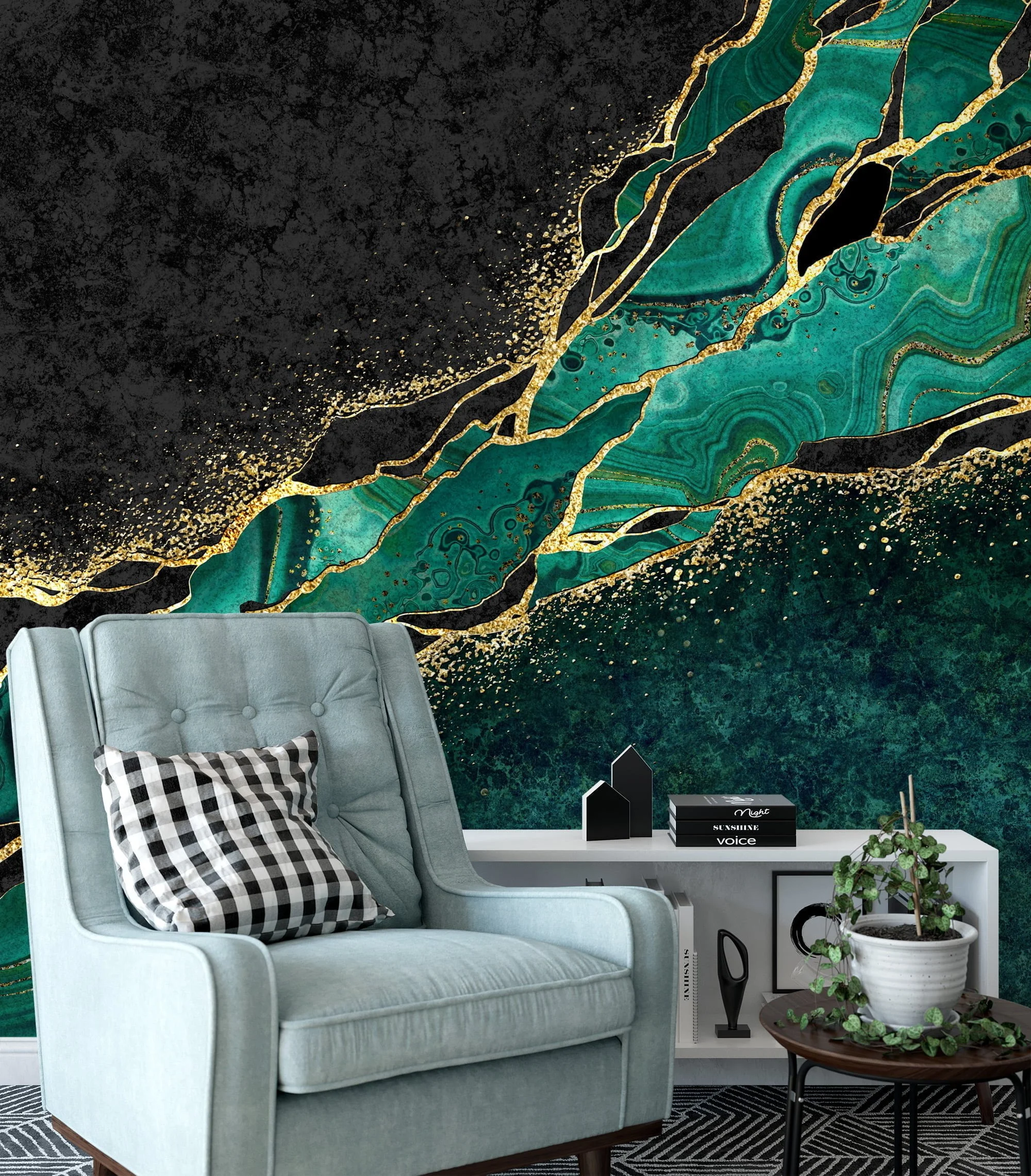 Opulent Emerald Green and Gold Marble Textured Wallpaper for a Glamorous Interior