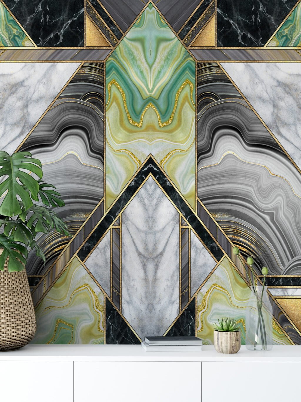 Contemporary Green and Gold Marble Mural Wallpaper - Easy to Install and Suitable for Any Room in Your Home or Office.