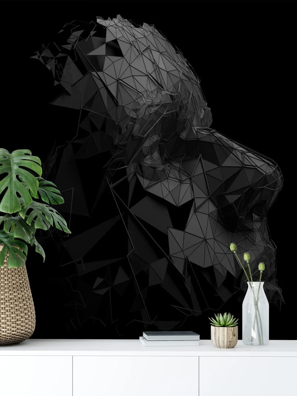 Dark Polygonal Face Structure Wallpaper with Self-Adhesive Backing, Customizable Sizes, and Removable & Reusable Properties for Modern Wall Decor