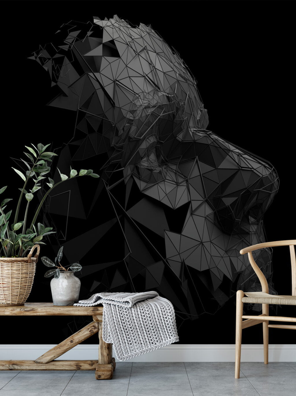 Dark Polygonal Face Structure Wallpaper with Self-Adhesive Backing, Customizable Sizes, and Removable & Reusable Properties for Modern Wall Decor