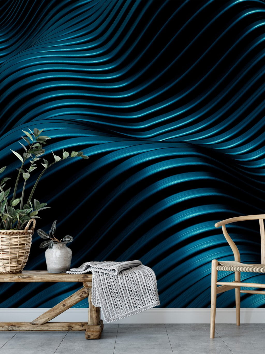 Self-Adhesive Dark Turquoise Waves Wallpaper, Customizable Mural for Any Space, Removable