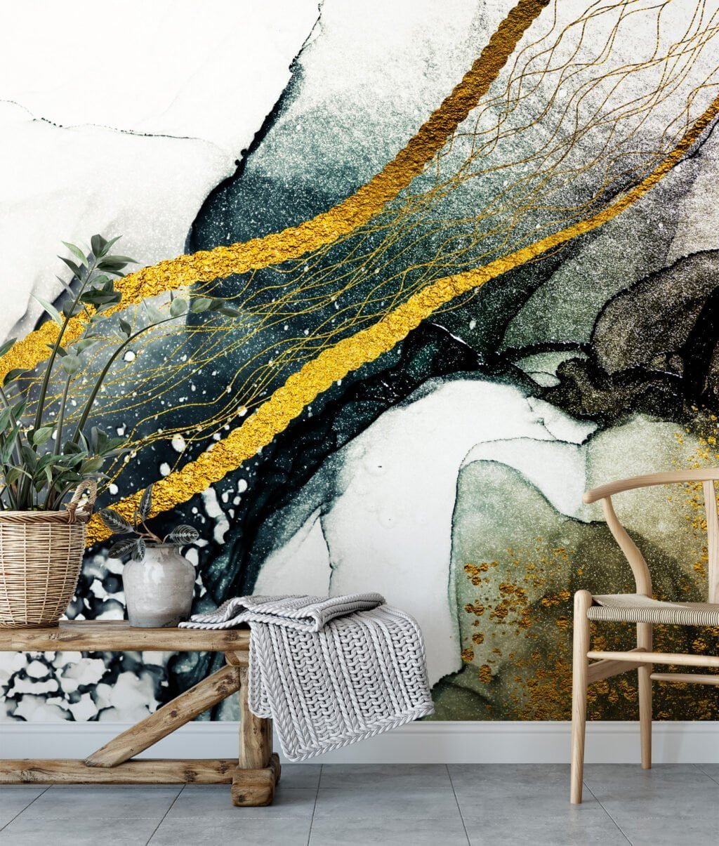Golden Wave Lines Wall Mural - Self-Adhesive Peel & Stick Wallpaper for Contemporary Home Decor