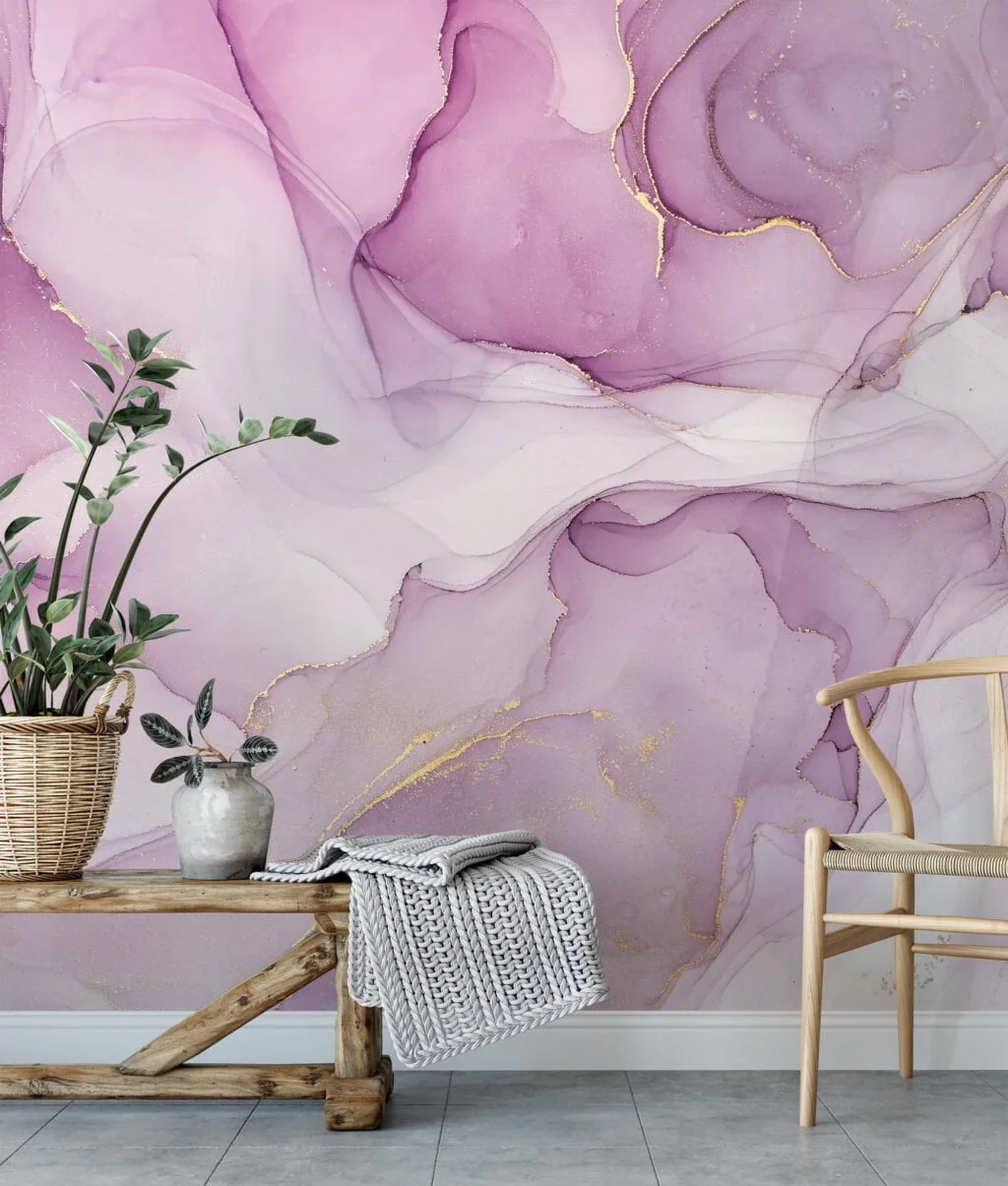 Marble Texture Wallpaper with Pink, Purple and Gold Veins - Self-Adhesive Peel & Stick Removable Wallpaper for Luxe Interiors