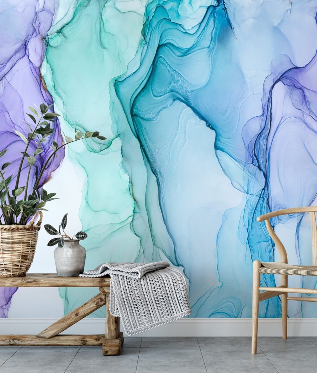 Mesmerizing Purple, Blue and Green Ink in Water Wallpaper for a Serene and Calming Ambiance