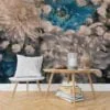 Minimalist White and Blue Chrysanthemum Flowers Wallpaper, Simple Peel and Stick Self Adhesive Wall Decoration, Removable Wall Mural for Bedroom