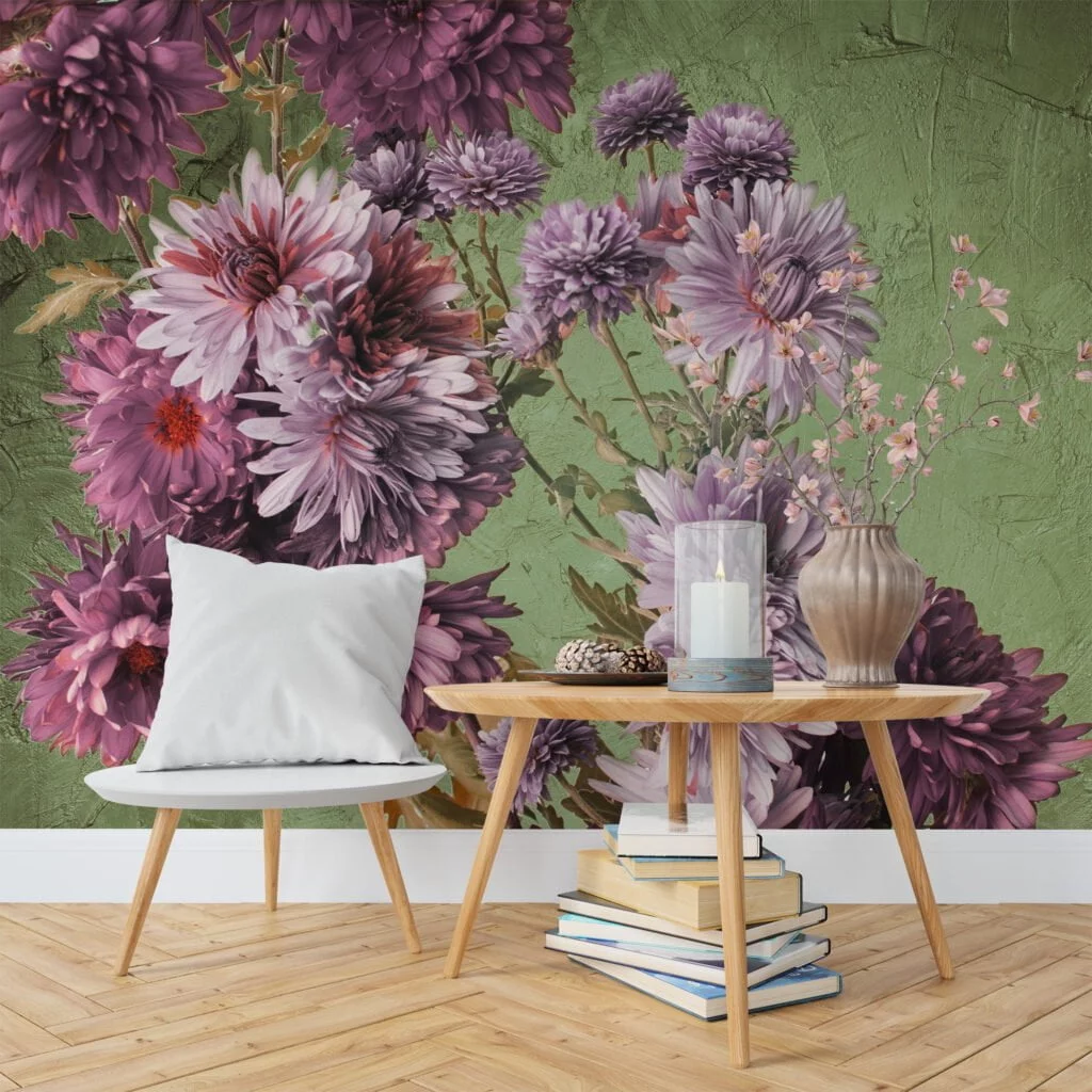 Majestic Purple Flowers on Green Background Wallpaper, Peel and Stick Self Adhesive Removable Wall Mural, Perfect for a Statement Wall