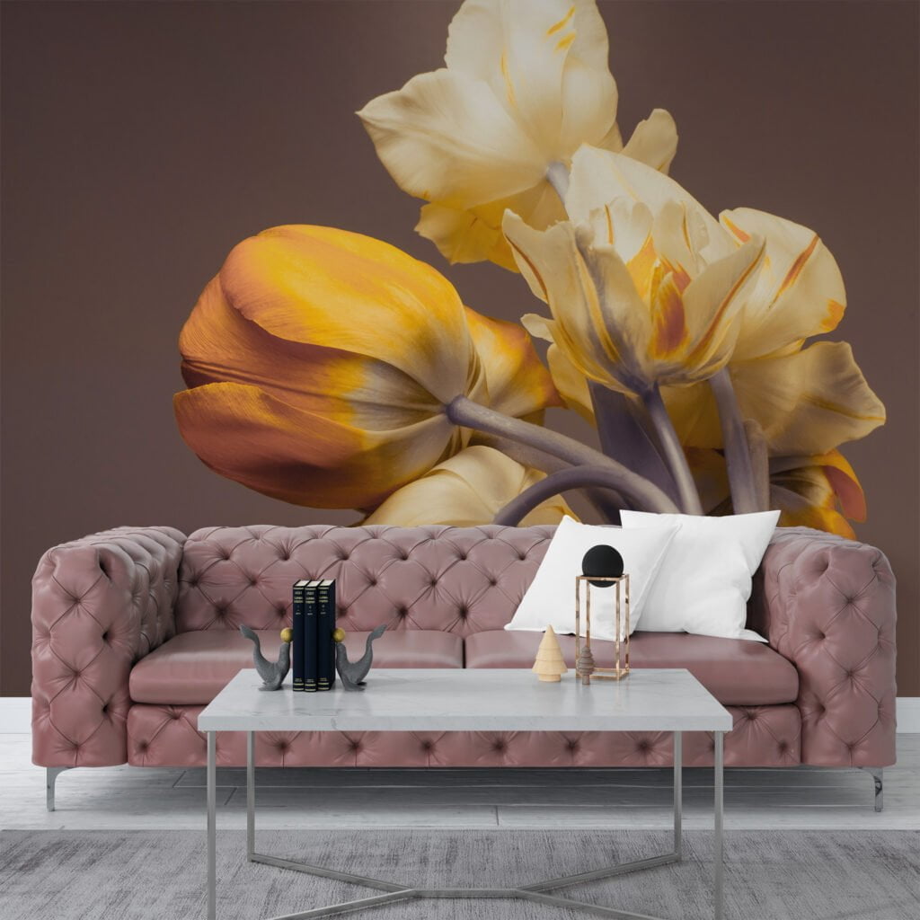 Tulip Fields in Orange and Cream Wallpaper, Floral Peel and Stick Wall Mural, Self Adhesive Removable Wallpaper for Living Room