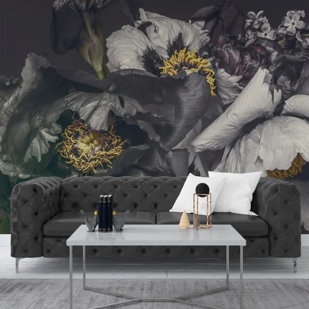 Grey Peony Flowers Wallpaper, Large Self Adhesive Wall Mural for Bedroom, Removable Peel and Stick Floral Wallpaper Design