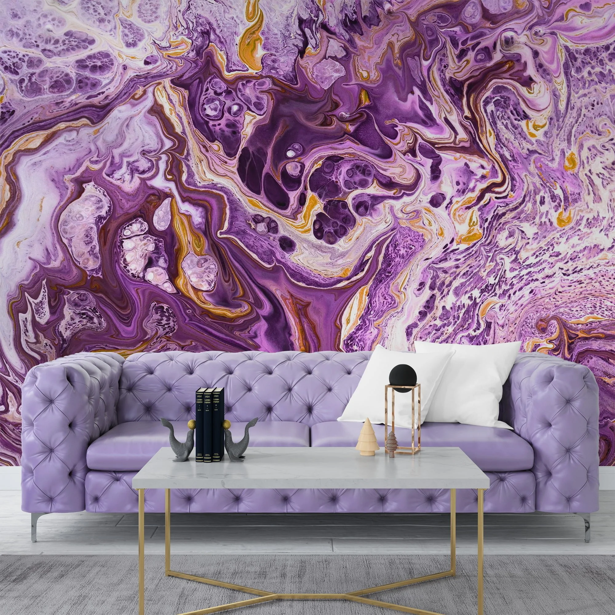Purple and Gold Marble Wallpaper - Elegant Ink Splash Wall Covering for Stylish Room