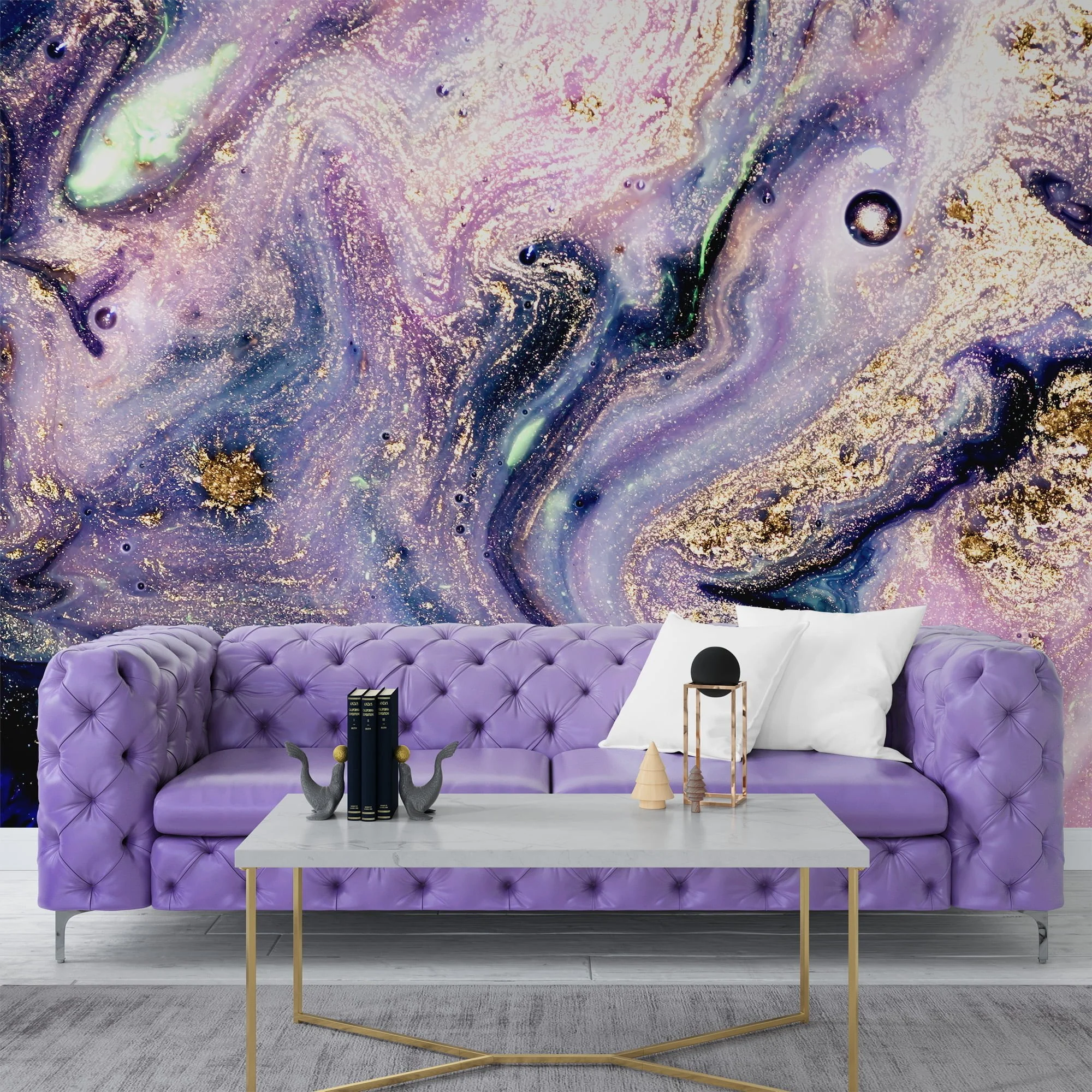 Grunge Purple and Gold Ink Wallpaper - Distressed Liquid Wall Covering with Black Background