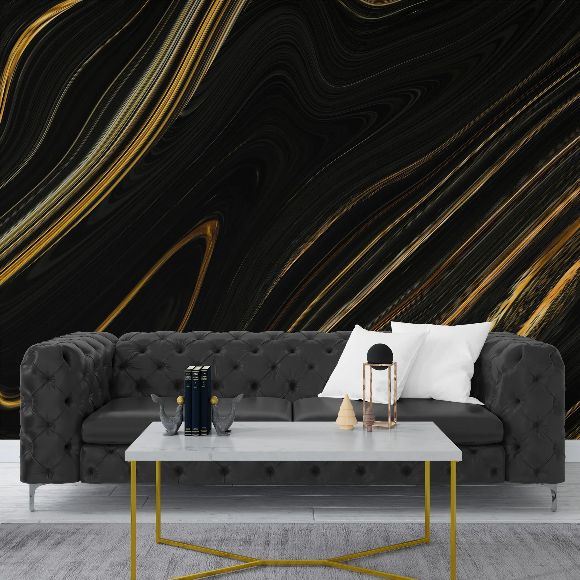 Contemporary Black and Gold Fluid Abstract Wallpaper for a Modern and Stylish Look