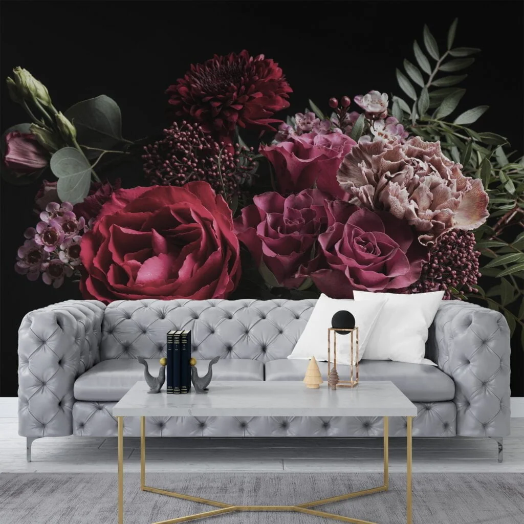 Chic and Stylish Dark Themed Rose Bouquet Wallpaper, Peel and Stick Removable Wall Mural, Self Adhesive Floral Pattern