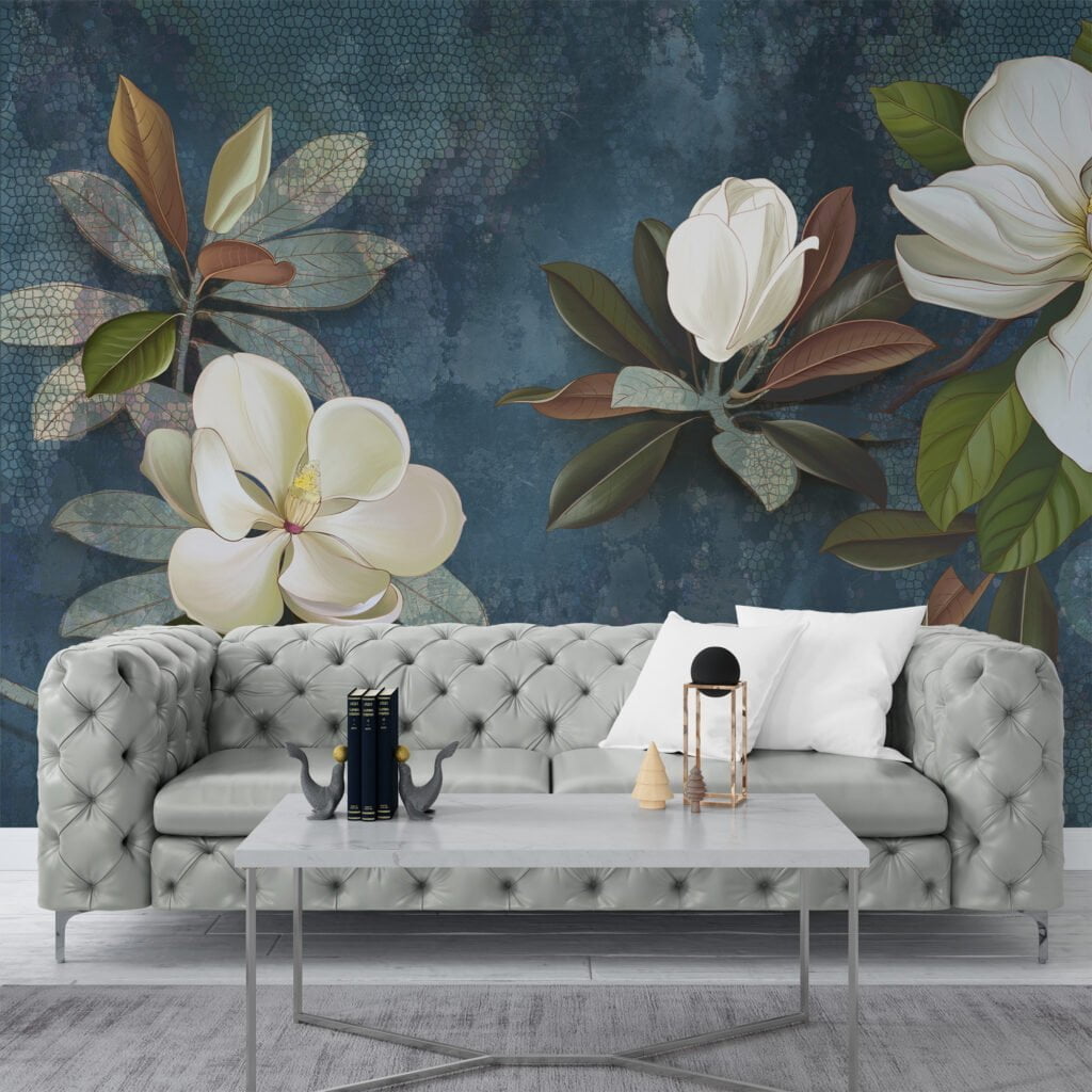 Large White Magnolia Flowers on Green Leafy Background Wallpaper, Peel and Stick Self Adhesive Removable Wall Mural, Nature-Themed Floral Print