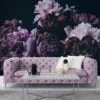 Elegant Large Violet Peonies on Black Background Wallpaper, Removable Self Adhesive Peel and Stick Wall Mural, Sophisticated Floral Print for a Modern Look