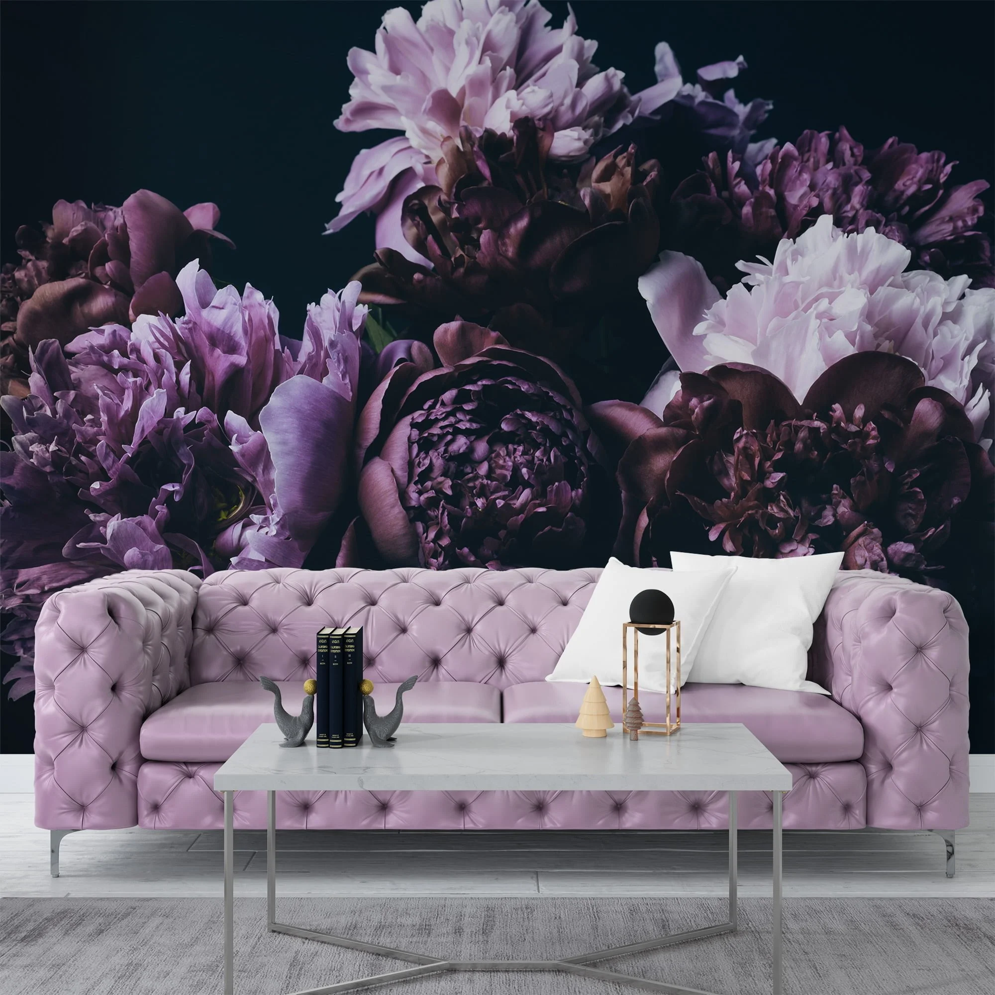 Elegant Large Violet Peonies on Black Background Wallpaper, Removable Self Adhesive Peel and Stick Wall Mural, Sophisticated Floral Print for a Modern Look
